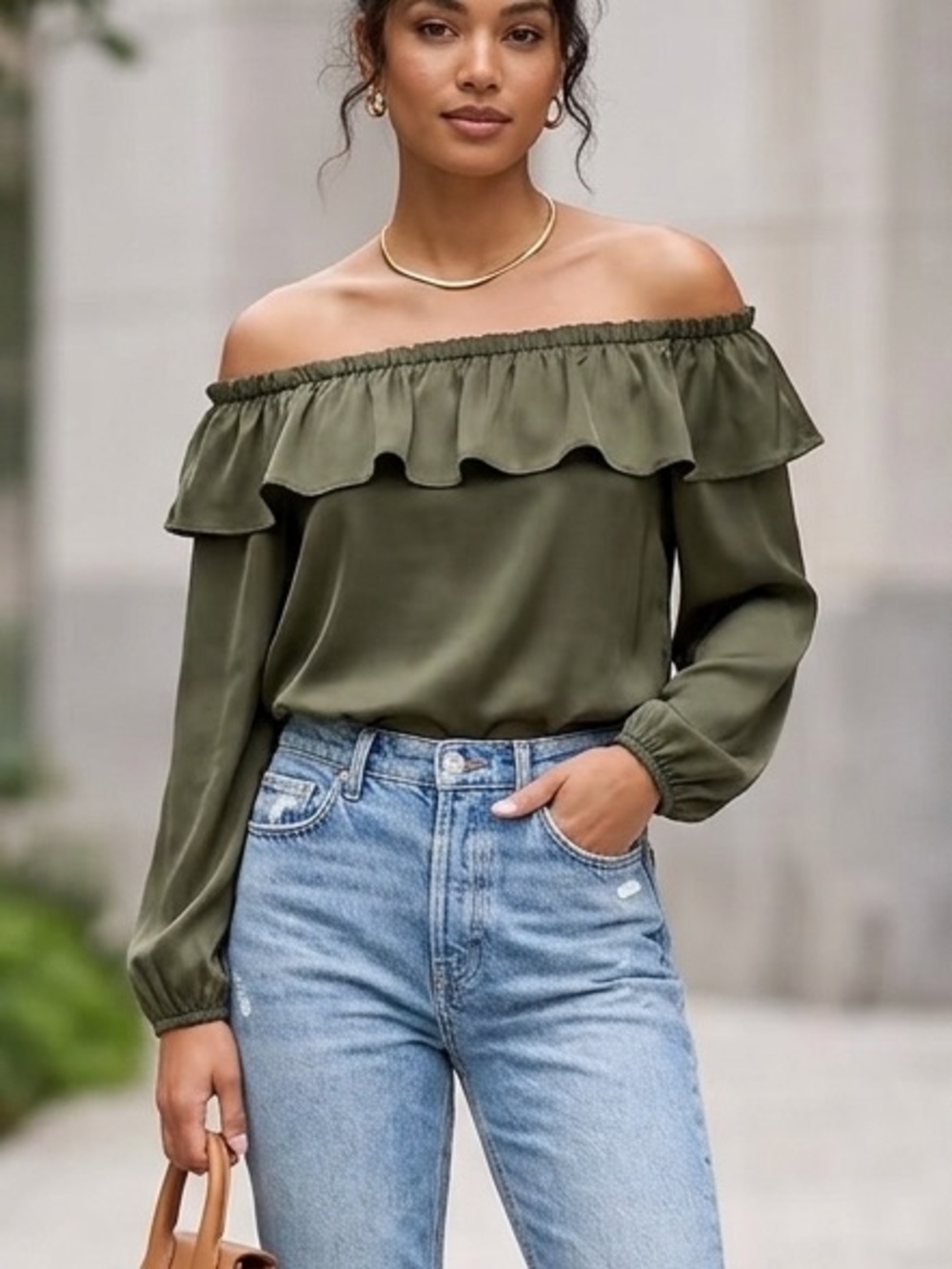 Michael Kors Olive Green Off The Shoulder Ruffle Long Sleeve Blouse Top 1790